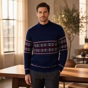 Vintage Lord Jeff Mens L Sweater Navy Cable Knit Fair Isle Preppy USA
